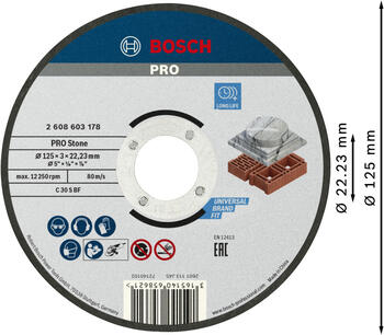 Griešanas disks akmenim Standard, 125x22,2x3mm, Mazām leņķa slīpmašīnām PRO STONE GRIEZĒJDISKS, 2608603178, BOSCH (2608603178)