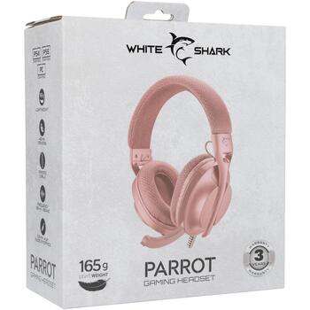 White Shark Провода игровая гарнитура PARROT PINK, 165g, Розовый, 1.8m, 121dB, 30Ω, 40mm, 2.0, 2 динамика, Выдвижной микрофон (PARROT PINK)