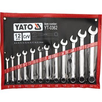 Yato kombinēto uzgriežņu atslēgu komplekts YT-0362, 12 gab, 8-24 mm, CrV, DIN 3113, 42-48 HRC, 15° leņķis, AS-DRIVE, satīna apdare (YT-0362)