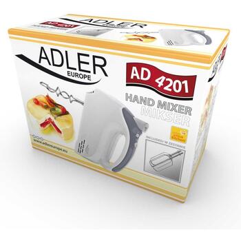 Adler Миксер AD 4201 g, 300 Вт, 5 скоростей, Турбо режим, 2 венчика, 2 крюка для теста, белый (AD 4201 g)