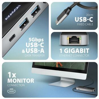 Axagon USB centrmezgls HMC-6GLN 6in1, 1x HDMI, 1x RJ-45, 1x USB-C, 2x USB 5Gbps, 20 cm strāvas kabelis (HMC-6GLN)