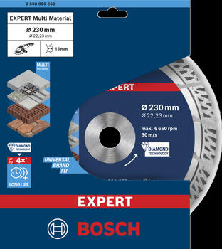 Lielām leņķa slīpmašīnām ar fiksācijas uzgriezni EXPERT MULTI MATERIAL DIMANTA GRIEZĒJDISKS BOSCH 2608900663 (2608900663)