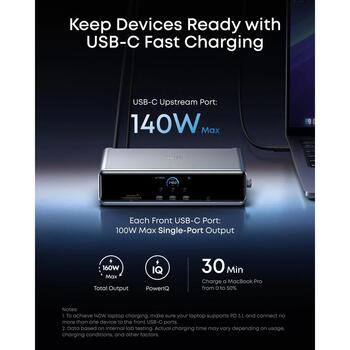 Anker Prime док-станция, A83B33A1, 14 портов, 140 Вт, 8K выход, поддержка тройного дисплея (A83B33A1)