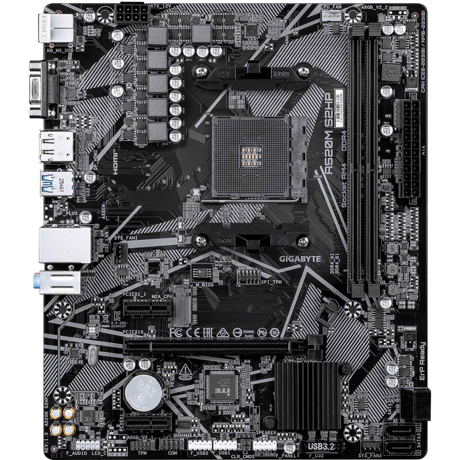 Gigabyte mātesplate A520M S2HP 1.0, Socket AM4, micro ATX, DDR4-SDRAM, 2x DIMM, 64GB, 1x M.2, PCIe 3.0, SATA, Gigabit Ethernet (A520M S2HP 1.0)