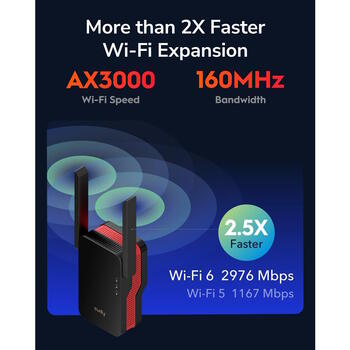 Cudy RE3000 WiFi 6 Mesh репитер, AX3000, 2.4+5GHz, 2402+574Mbps, 1xGigabit, WPS, WPA3, черный (RE3000)