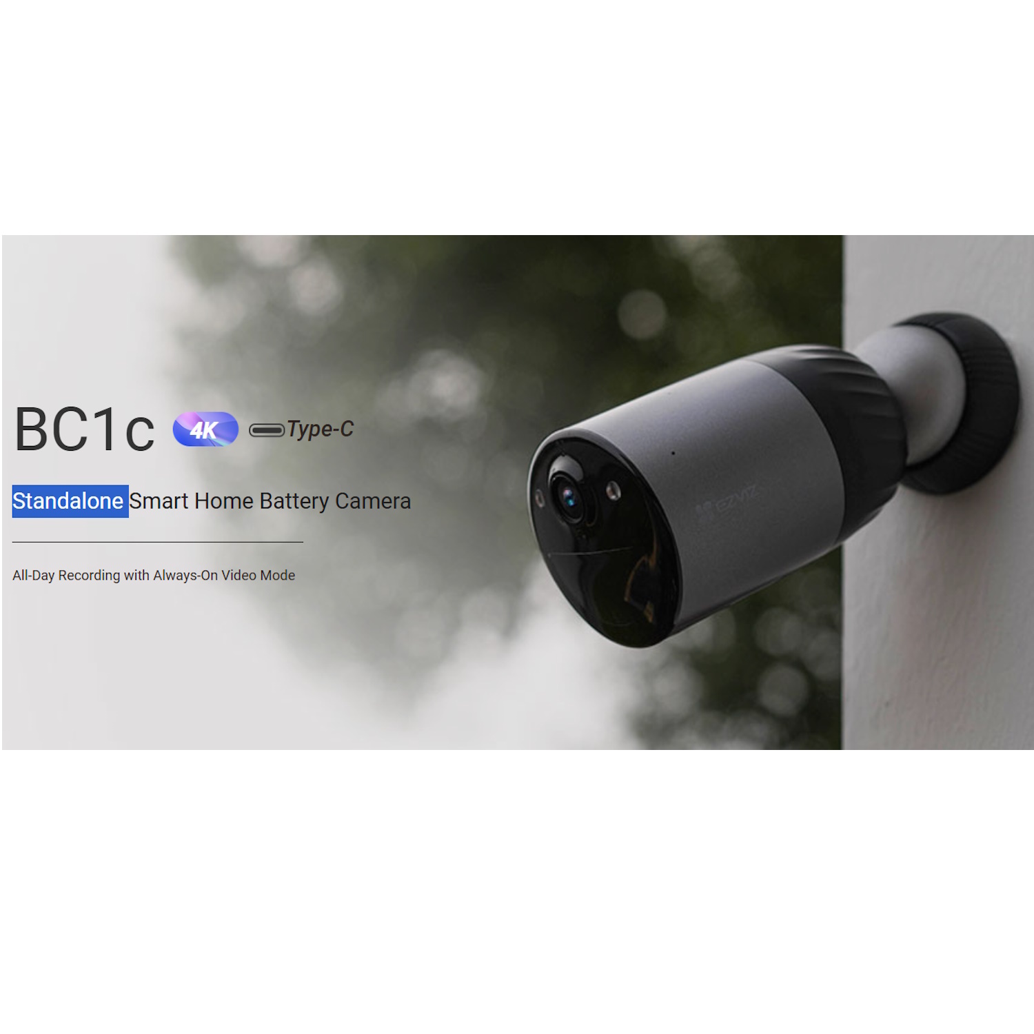 Ezviz BC1C 4K уличная умная аккумуляторная Wi-Fi камера, CS-BC1C-4K, 8MP, 4K Ultra HD, 2.8mm F1.6, 135°, 15fps, 10,400mAh, 180д (CS-BC1C-4K)