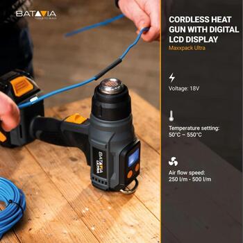 Batavia karstā gaisa pistole BT-HG012 7064919, 18V, 30-550°C, 120-200 l/min, digitālais LCD displejs, bezvadu, ergonomisks (7064919)