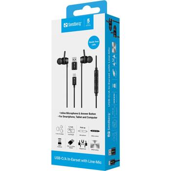 Sandberg Наушники USB-C/A In-Earset с линейным микрофоном 126-50, 20-20000 Гц, 95 дБ, 16 Ω, 1,2 м, стерео, черный (126-50)