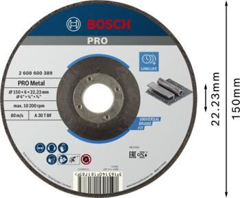 Slīpēšanas ripa, izliekta 150x22x6 mm, metālam, Mazām leņķa slīpmašīnām PRO METAL SLĪPRIPA, 2608600389, BOSCH (2608600389)