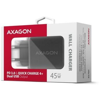 Axagon настенный зарядное устройство ACU-PQ45 45W, 2xUSB-A, 1xUSB-C, 100-240V, QC4+, PD3.0, черный, защита питания (ACU-PQ45)