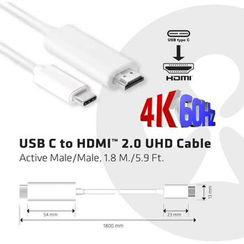 Club3D Видео кабель адаптер CAC-1514, 1.8 м, USB C, HDMI Type A, 4K @ 60Hz, 18 Gbit/s, 8 аудиоканалов (CAC-1514)