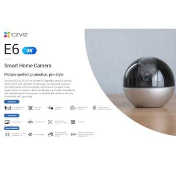 Ezviz E6 CS-E6-V2 внутренняя 5MP 2K умная 360° камера, Wi-Fi/LAN, MicroSD до 512GB, ночное видение 10м, серая (CS-E6-V2)