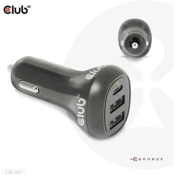 Club3D Lādētājs CAC-1921 36W, Ieejas spriegums 12/24V, 2x USB Type-A 5V/3A, 1x USB Type-C 5V/3A, 9V/2A, OCP, OVP, SCP, OTP (CAC-1921)