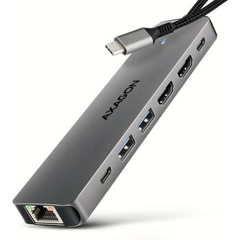 Axagon USB centrmezgls HMC-7HX2 7in1, 2x HDMI, 1x RJ-45, 2x USB 5Gbps, 1x USB-C, 15 cm strāvas kabelis (HMC-7HX2)