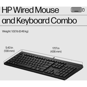 HP 225 проводной комплект мыши и клавиатуры AX2Y7AA#ACB, 1200 DPI, 1.8 м, USB, полноразмерная, черный, оптическая мышь, 3 кнопки (AX2Y7AA#ACB)