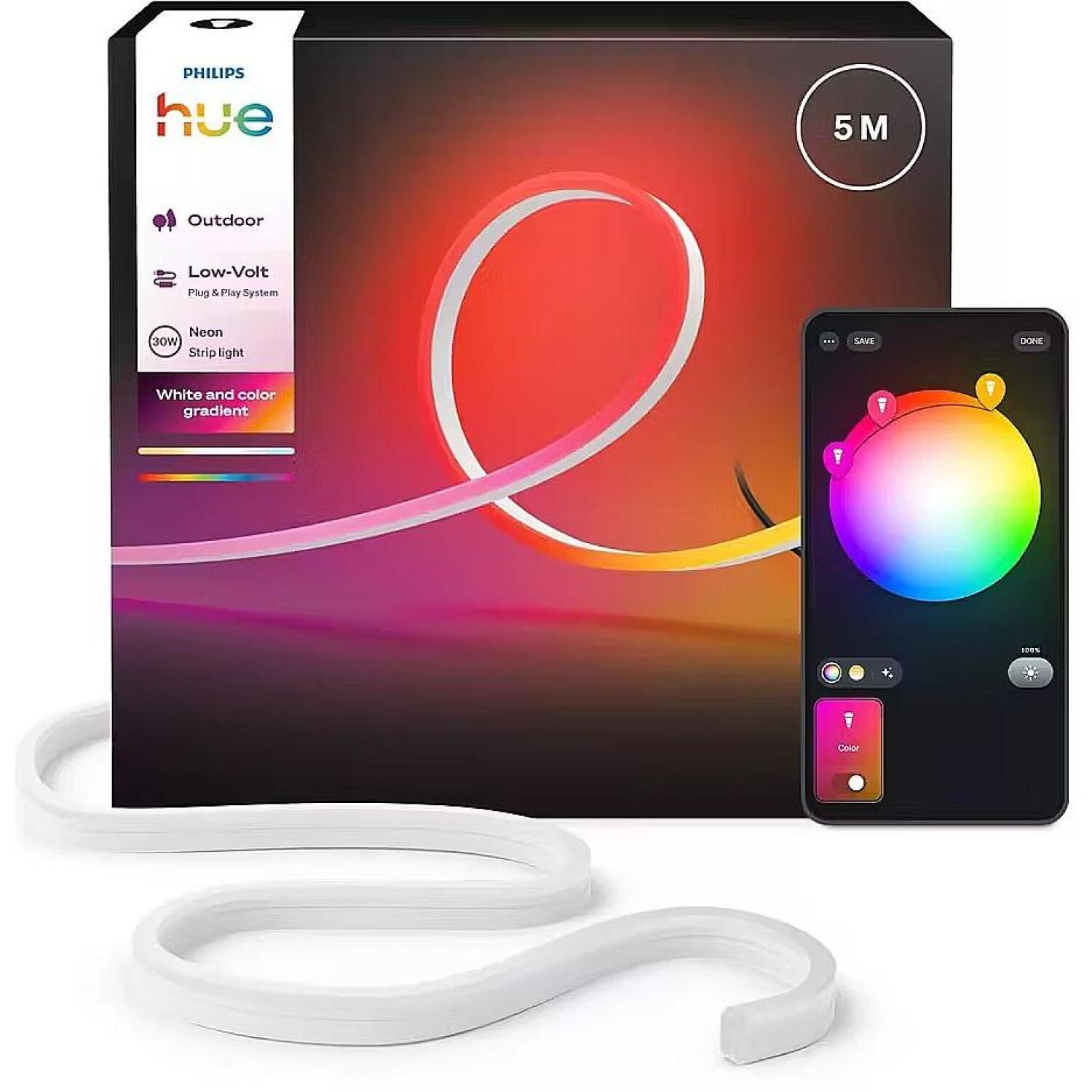 Philips Hue умная светодиодная лента Neon 8721103088734, 5 м, 30 Вт, 1100 лм, IP67, Bluetooth, Zigbee, силикон, белый, 6500 К (8721103088734)