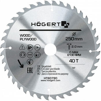 Hogert Ripzāģis HT6D790, 250mm, 40 zobi, 30mm, 2mm, Manganese Steel, 6100 RPM, ATB, samazināta siltuma deformācija (HT6D790)