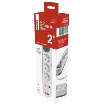 Emos Удлинитель P1322PD, 2м, 3× 2P + PE, 3680W, 1× USB-A, 1× USB-C, выключатель, защита от детей (P1322PD)
