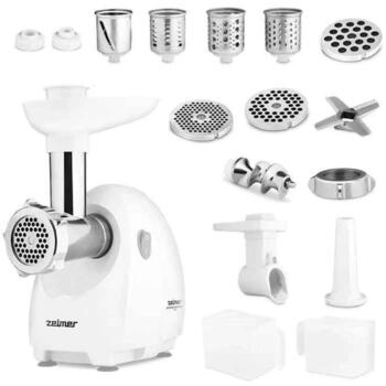 Zelmer ZMM4050B 70504735P, 1900W, 2.5кг/мин, 3 решетки, насадка для колбас, измельчитель, белый (70504735P)