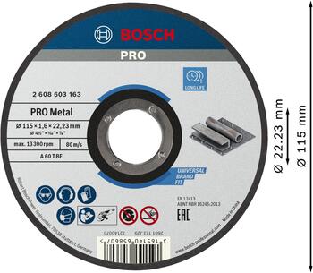 Griešanas ripa metālam Standard 115x22x1.6 mm, Mazām leņķa slīpmašīnām PRO METAL GRIEZĒJDISKS, 2608603163, BOSCH (2608603163)