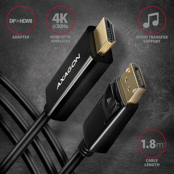 Axagon Видео кабель RVD-HI14C2 DisplayPort на HDMI 1.8м, 4096 x 2160, 30Гц, HDMI A (M), DisplayPort (M), активный преобразователь (RVD-HI14C2)