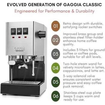 Gaggia кофемашина RI9481/11 Classic E24, 15 бар, 2.1 л, взбиватель молока, полуавтоматическая, шлифованная нержавеющая сталь (RI9481/11)