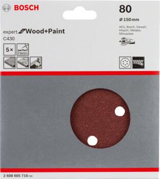 Slīppapīrs,kokam,PEX D=150mm,K80,5 gab., Ekscentra slīpmašīnām, ekscentra slīpmašīnām ar putekļu maisu C430 EXPERT FOR WOOD AND PAINT, 2608605718, BOSCH (2608605718)