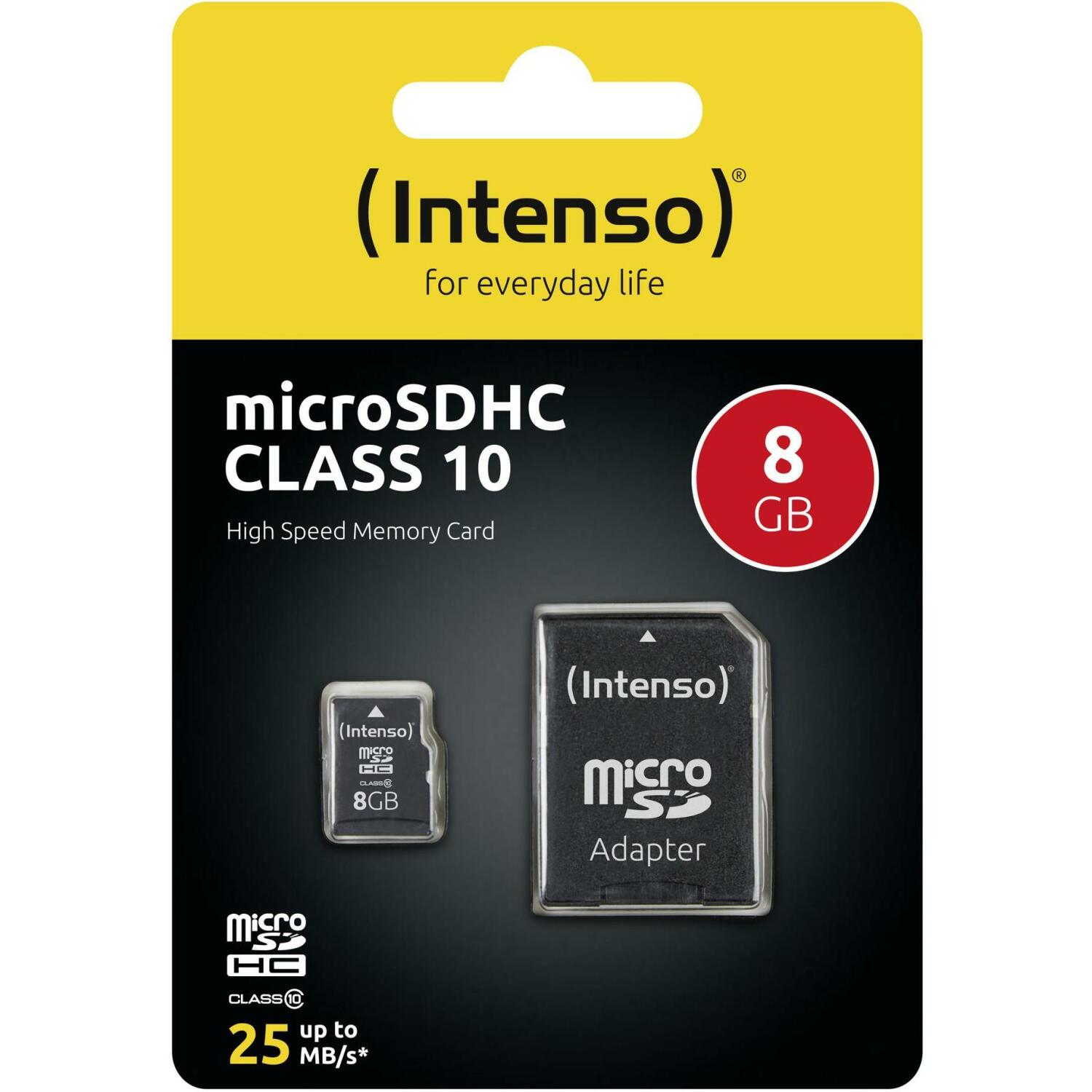 Intenso карта памяти micro SDHC 3413460 8 ГБ, скорость чтения 25 МБ/с, класс 10, водо- и ударопрочная, SD адаптер в комплекте (3413460)