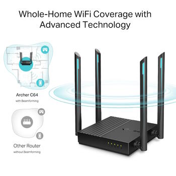 TP-Link Archer C64 беспроводной маршрутизатор Dual-Band Wi-Fi до 1200 Mbps 1× WAN 4× LAN Gigabit Beamforming Чёрный (ARCHERC64)