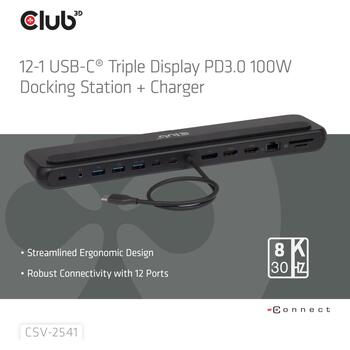 Club3D dokstacija CSV-2541 12-in-1, 2x HDMI, 1x DisplayPort, 3x USB Type-A, 1x USB Type-C, RJ45, karšu lasītājs, 3.5mm audio, 100W (CSV-2541)