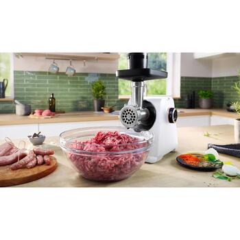 Bosch Gaļas mašīna MFWS607W, 2.1 kW, 3.5 kg/min, 2 ātrumi, metāla asmens, desu pildīšanas uzgalis, uzglabāšana (MFWS607W)