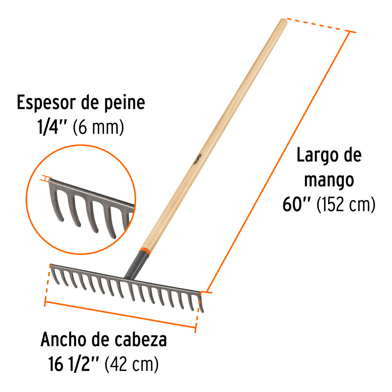Dārza grābeklis ar koka rokturi, 152cm, 16 zari R-16M TRUPER (R-16M)