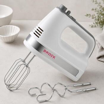 Brock HM 5003 WH ручной миксер, 300 Вт, 5 скоростей, турбо, 4 насадки, нержавеющая сталь, белый (HM 5003 WH)
