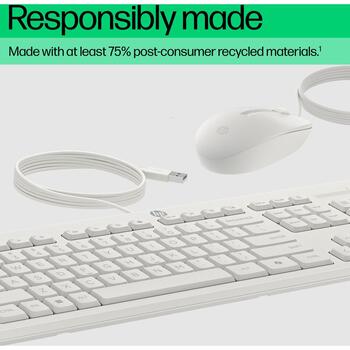 HP 225 проводной комплект мыши и клавиатуры AW5S6AA#ABB, USB, 1200 DPI, оптическая, 3 кнопки, полноразмерная, белый, 1.8 м (AW5S6AA#ABB)
