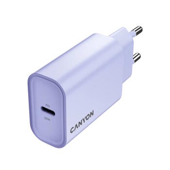 Компактное сетевое USB зарядное устройство с максимальной мощностью 30 Вт и 1×PD USB C портом OnCharge 30CL Max Power 30W EU Фиолетовый CNE-CHA30CLPU CANYON (CNE-CHA30CLPU)