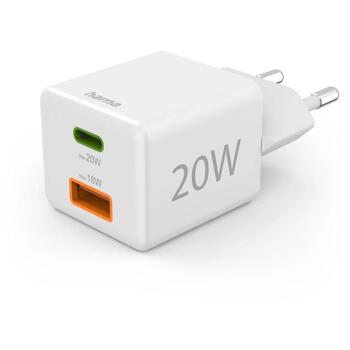 Hama Зарядное устройство 00201991, 100–240V AC, 20W USB-C, 18W USB-A, 2 порта, Power Delivery, белый (00201991)