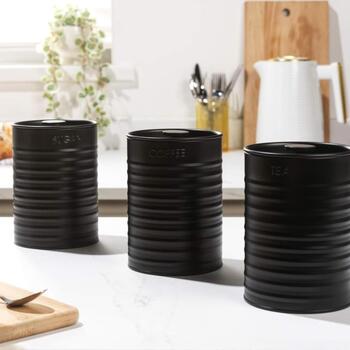 Russell Hobbs Liniera 3 daļu kannu komplekts RH03268EU7, melns, tērauds, 3 nodalījumi, vāki ar velkamu augšpusi (RH03268EU7)
