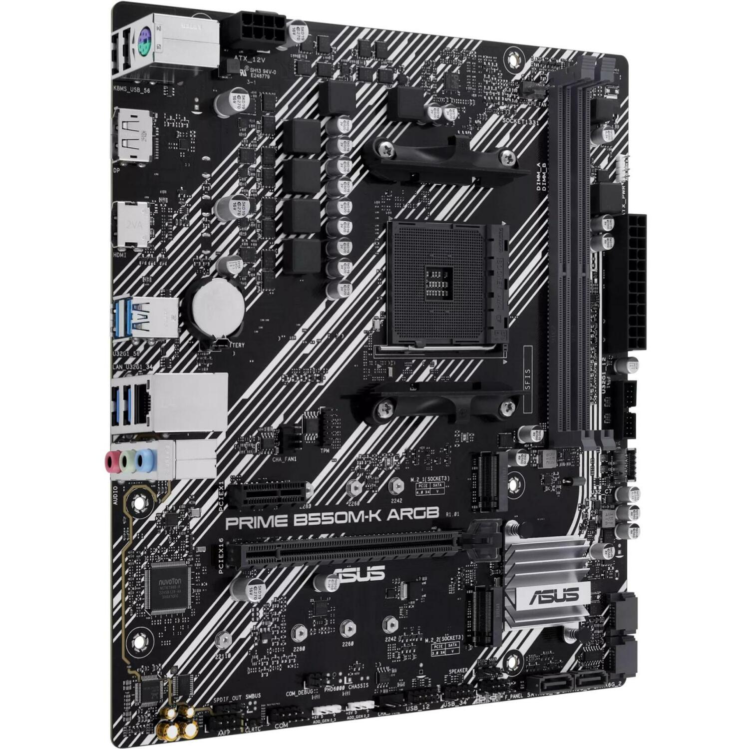 Asus Dēlis PRIME B550M-K ARGB, AM4, DDR4, 64 GB, 2 x M.2, 4 x SATA III, 1 x HDMI, 1 x DisplayPort, 7.1 audio, RGB (PRIMEB550M-KARGB)