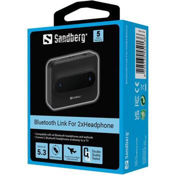 Sandberg Bluetooth adapteris 450-13, 5.3, 10m, 1 avots uz 2 austiņām, 3.5mm, USB-C, līdz 6h, līdz 3h (450-13)