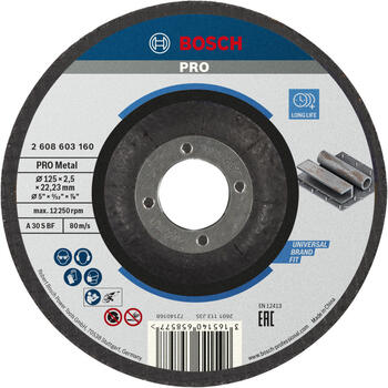 Griešanas disks, izliekts Metālam,125x22,23x2,5, Mazām leņķa slīpmašīnām PRO METAL GRIEZĒJDISKS, 2608603160, BOSCH (2608603160)