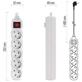 Emos Удлинитель P1521, 1,4 м, белый, 5× 2P + PE GERMAN, 3680 Вт, ПВХ, H05VV-F3G 1,0 мм2, выключатель, защита от детей (P1521)