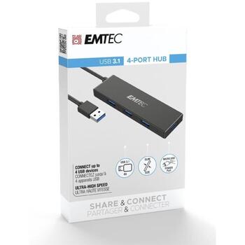 Emtec USB centrmezgls ECHUBT620A, 4 porti, USB 3.1 Gen1, MicroUSB, kompakts dizains (ECHUBT620A)