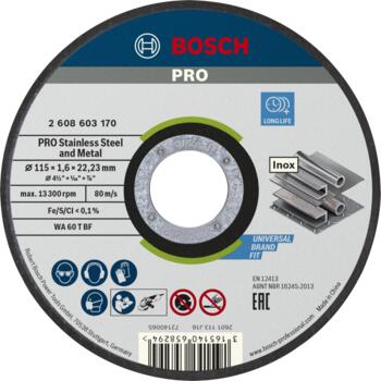 Griešanas disks INOX 115 x 22,23 x 1,6 mm, Mazām leņķa slīpmašīnām PRO STAINLESS STEEL AND METAL GRIEZĒJDISKS, 2608603170, BOSCH (2608603170)