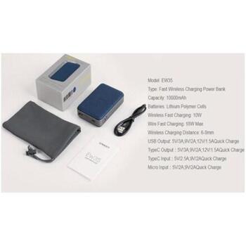 Orsen Power Bank akumulators EW35, 10000mAh, 18W, 5V/3A, 9V/2A, 12V/1,5A, bezvadu uzlāde 5W/7.5W/10W (EW35)