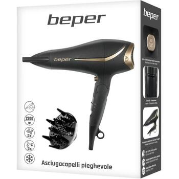 Beper Фен 40.404, 2200 W, 2 скорости, 3 температурных режима, 2 насадки, диффузор, складная ручка, ионизация (40.404)