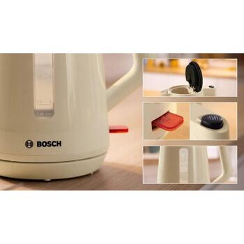 Bosch Электрический чайник TWK1M127, 2400 Вт, 1.7 л, пластик, песочного цвета, автоматическое отключение, индикатор уровня воды (TWK1M127)