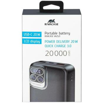 Rivacase Power Bank akumulators VA2521, 20000 mAh, 20W PD, 2xUSB-A, 1xUSB-C, LCD displejs, pelēks (VA2521)