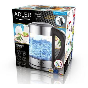 Adler Чайник AD 1247, 1850 W, 1.7 L, Нержавеющая сталь/Стекло, 360° поворотная база, Регулировка температуры 55-100°C (AD 1247)
