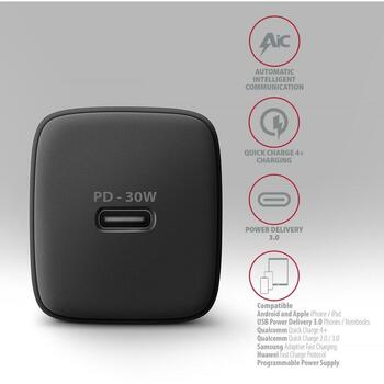 Axagon зарядное устройство ACU-PD30 30W, 1x USB-C, 100-240V, быстрая зарядка, защита от перегрузки, черный (ACU-PD30)