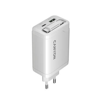 Kompakts sienas lādētājs ar integrētu USB C kabeli 65 W kopējo jaudu 1×PD un 1×QC ātrās uzlādes portu OnCharge 65RC Build In Cable EU Balts CNS-CURC65ACW CANYON (CNS-CURC65ACW)